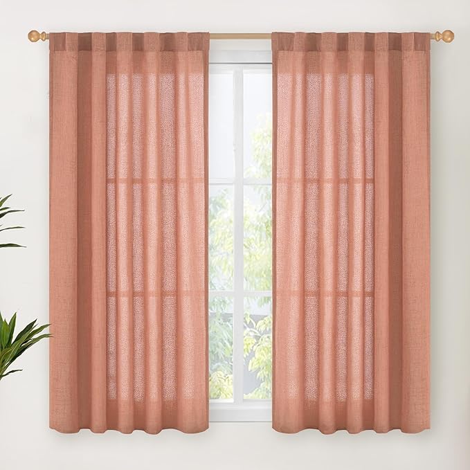 YoungsTex Rust Terracotta Linen Curtains 48 Inch Length,Burnt Orange Semi Sheer Drapes with Rod Pocket Back Tab Light Filtering for Short Living Room Windows, 2 Panels, 42 X 48 Inch