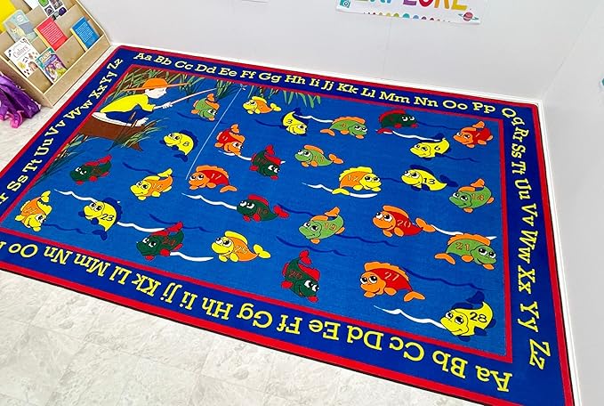 Lazy River Fishing Kid's Rug, 6' x 8'6", Multicolored, Educational Classroom Rug, Kids Learning Play Mat | Area Rug for Bedroom or Playroom