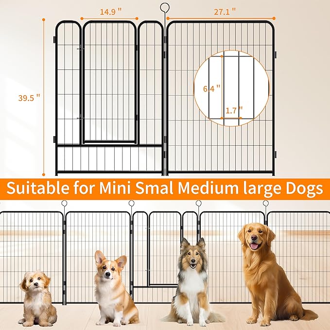 Dog Playpen 40 Inch, 16 Panels Heavy Duty Metal Pet Exercise Pen Indoor Outdoor Fence Panels, Rust-Resistant, Expandable Design, Tool-Free Setup, Anti-Skid, Secure Locking Door for Medium & Large Dogs