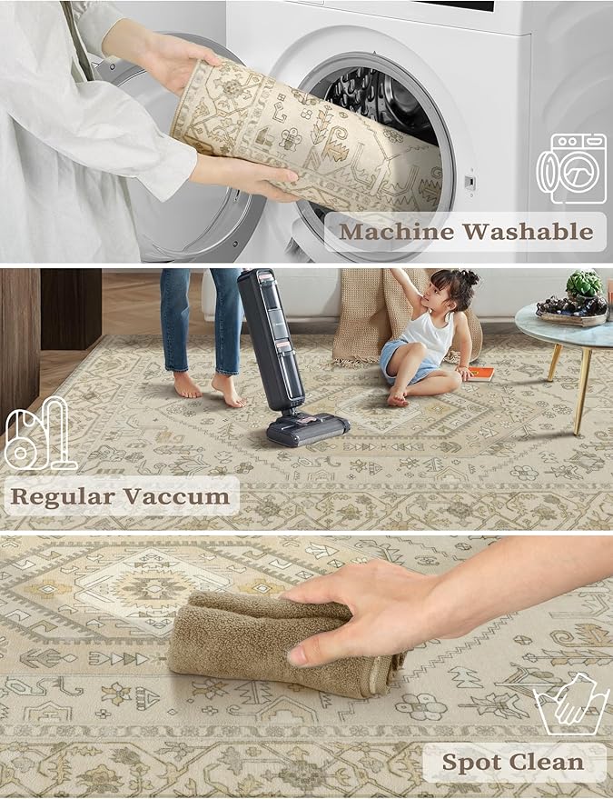 SERISSA Runner Rug for Hallways, 2'6"x10' Washable Non Slip Kitchen Runner Rug, Long Boho Rug Vintage Beige Hallway Stair Ultra Soft Print Floor Carpet for Bedroom Bathroom Laundry Room