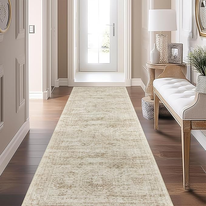 Washable Runner Rugs for Bedroom - 2x6 Runner Rug Non Slip, Ultra-Thin Entryway Runner, Soft Abstract Kitchen Runner for Hallway, Laundry, Bathroom, Indoor Door Mat(2'x6', Beige/Ivory)