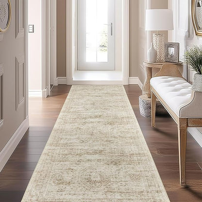 Long Hallway Runner Rug- Carpet Runners for Hallway 12ft, Anti Slip Backing Washable Rug Runner for Bathroom, Entrance, Living Room, Soft Low Pile Mordern Rug Runner(2'x12', Beige/Ivory)