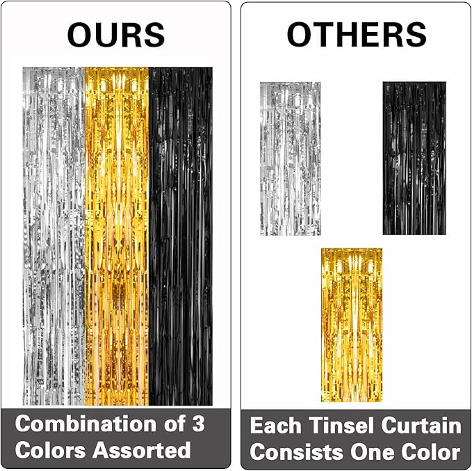 2 Pack 3.2x8.2 Feet Silver Black and Gold Tinsel Foil Fringe Curtains Streamers Backdrop for Bridal Baby Shower Wedding Engagement Birthday Graduation Bachelorette Holiday Party Decorations
