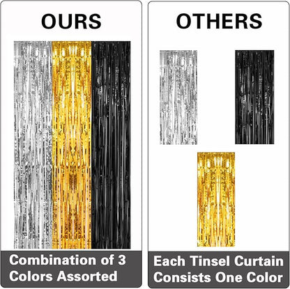 2 Pack 3.2x8.2 Feet Silver Black and Gold Tinsel Foil Fringe Curtains Streamers Backdrop for Bridal Baby Shower Wedding Engagement Birthday Graduation Bachelorette Holiday Party Decorations