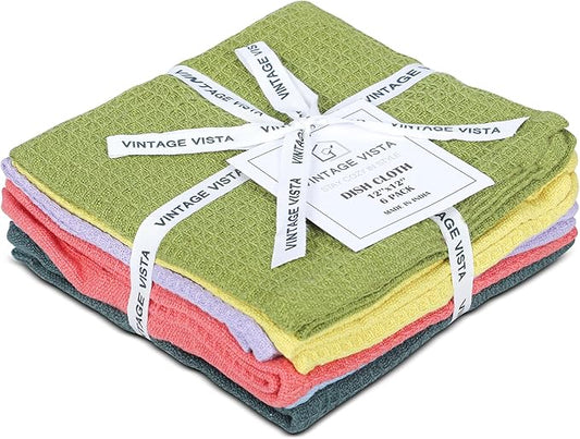 Vintage Vista 100% Cotton Waffle Dish Cloths (Pack of 6) - Dish Rags for Washing Dishes - Reusable & Highly Absorbent Kitchen Towels - Kitchen Rags for Christmas - (12" x 12" - Multicolor I)