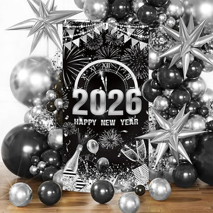 MEHOFOND 2026 Happy New Year Door Cover, Black and Silver New Year Front Door Party Decorations, Cheers to 2026 Hello 2026 Fireworks Champagne Balloon Decor Holiday Party Photo Booth Props