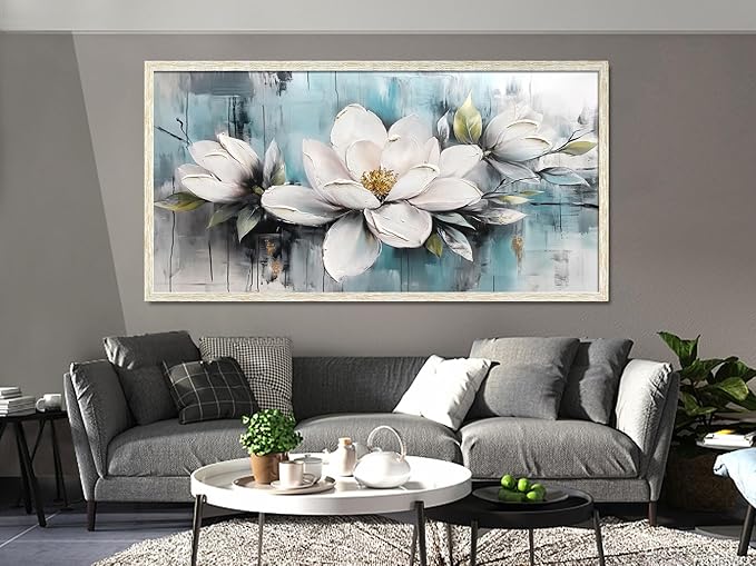 Ardemy Magnolia Wall Art Framed Large Canvas Wall Decor Living Room, White Floral Pictures Wall Decor Teal Paintings FlowerTextured Artwork for Bedroom Dining Room Home Office, 58"x29"