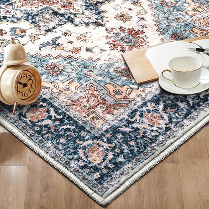 SERISSA Area Rug 3x5 Boho Rugs for Bedroom, Washable Kitchen Rugs Non-Slip, Ultra Soft Print Distressed Tribal Entry Rug Low-Pile Throw Rug Blue Orange Carpet for Bedroom Nursery Living Room Decor