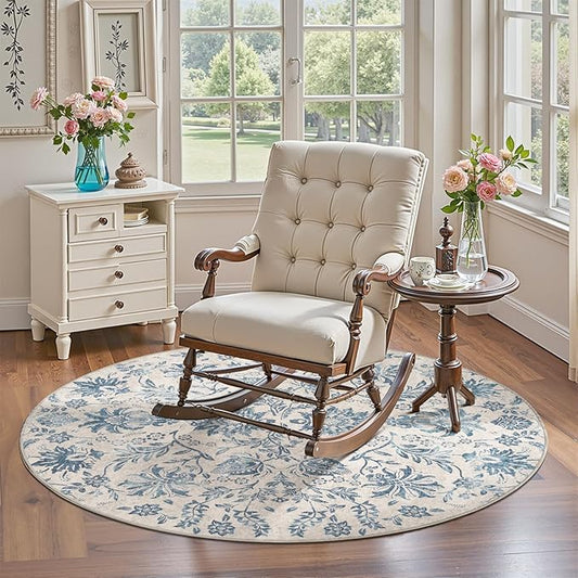jinchan Classic Floral Round Rug 5ft, Vintage-Inspired Design 5’Circle Rug, Machine Washable Ultra-Thin Low-Pile Non-Slip Indoor Carpet for Bedroom Dining Room Living Room Entryway, Dark Blue