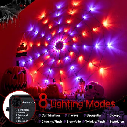Ollny Spider Web Decoration 4FT 70 LED, Orange and Purple Halloween Lights with Black Spider Battery Powered 8 Modes Timer, Waterproof Cobweb String Light for Outdoor Indoor House Yard Party
