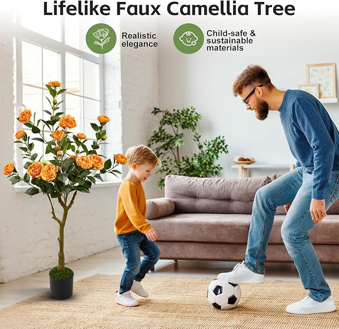 47" Artificial Camellia Tree,2 Pack Fake Flower Plants Artificial Tree with Greenery Leave, Faux Plants with Orange Flowers for Summer Modern Office Outdoor Outside Decor Front Door