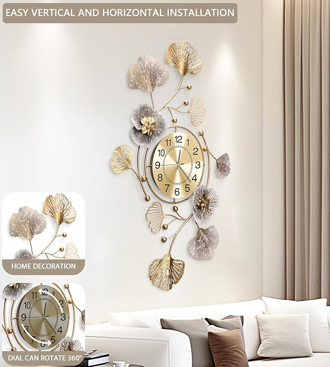 Clocks for Living Room, Large Wall Clock, Silent Wall Clock, Retro Metal Ginkgo Leaf Design, for Bedroom Kitchen Decorative Wall Clocks（47''x23'' ）