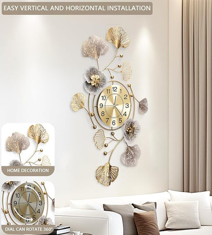Clocks for Living Room, Large Wall Clock, 3D Silent Wall Clock, Retro Metal Ginkgo Leaf Design, for Bedroom Kitchen Decorative Wall Clocks（35''x20'' ）