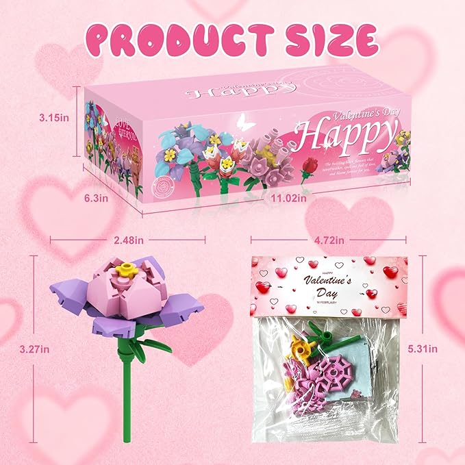 24Pcs Valentine's Day Gifts Party Favor Valentines Small Flower with Valentine Greeting Cards Bouquet Building Blocks Toys for Boys Girls Gifts School Exchange Prize Party Favors