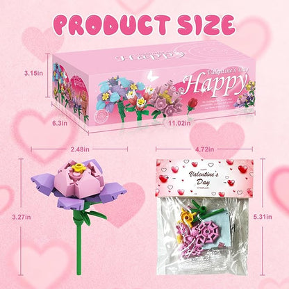 24Pcs Valentine's Day Gifts Party Favor Valentines Small Flower with Valentine Greeting Cards Bouquet Building Blocks Toys for Boys Girls Gifts School Exchange Prize Party Favors