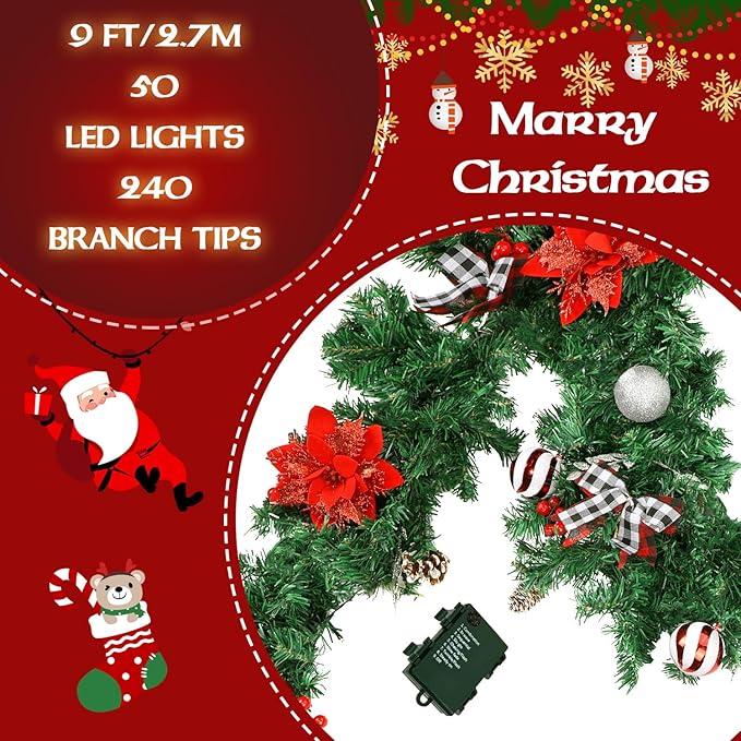 Christmas Garland with Lights,Pre-lit 9ft Christmas Decorations with 50 LED Lights,with Waterproof Battery Box,Indoor&Outdoor Use,for Stairs Fireplace Front Door Porch Home (Battery NOT Include)