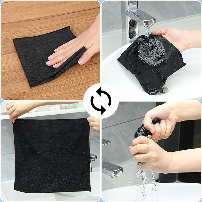 Macarrie 400 Pieces Microfiber Cleaning Cloths Bulk Absorbent Microfiber Towels Reusable Lint-Free Streak Free Wash Rags for House Kitchen Office Restaurants Bar Shop Car, 12 x 12 Inches (Black)