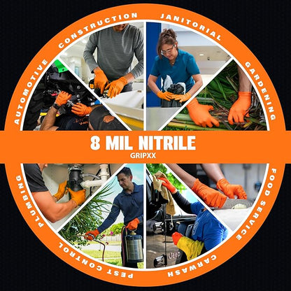 Herkules Grip Heavy Duty 8Mil Orange Nitrile Gloves,3D Raised Diamond Texture-Latex & Powder Free-Industrial, Mechanic