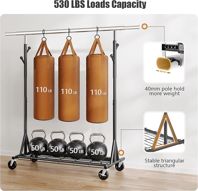 Heavy Duty Clothes Rack Load 530 LBS Metal Garment Clothing Rack Hang 200 pieces of clothing on Wheels Collapsible Rolling Portable & Adjustable with Hook for Hanging Clothes Black