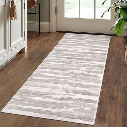 Modern Abstract Runner Rug 2x5, Neutral Light Beige and Grey Washable Entryway Kitchen Non-Slip Soft Hallway Runner Thin Print Faux Wool Carpet for Bedroom Laundry Room Indoor
