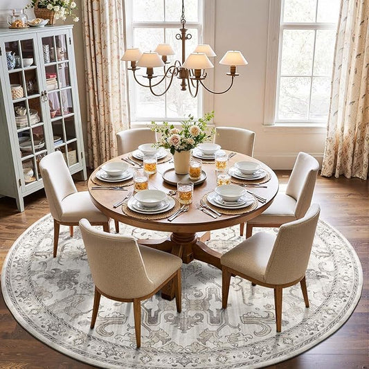 jinchan Round Rug 8ft Area Rug Vintage Floor Mat Kitchen Indoor Ultra-Thin Soft Floral Print Washable Circle 8' Accent for Farmhouse Non Slip Dining Room Living Room Bedroom Office Taupe