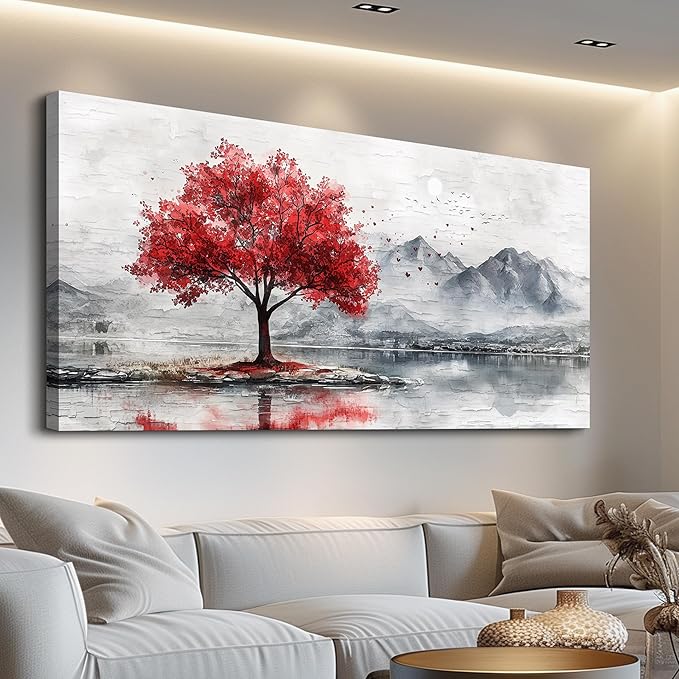 QIYILEXWART Canvas Wall Art For Living Room Large Wall Decor For Office Bedroom Decorations Red Tree Landscape Pictures Farmhouse Painting Artwork Room Wall Mural Aesthetic Home Decor 30x60 In