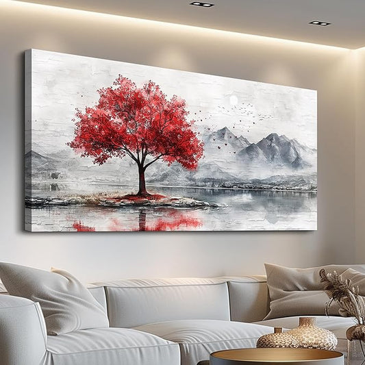 QIYILEXWART Canvas Wall Art For Living Room Wall Decor For Bedroom Office Wall Decoration Red Tree Landscape Painting Farmhouse Pictures Artwork Room Aesthetic Home Decor 20x40 In