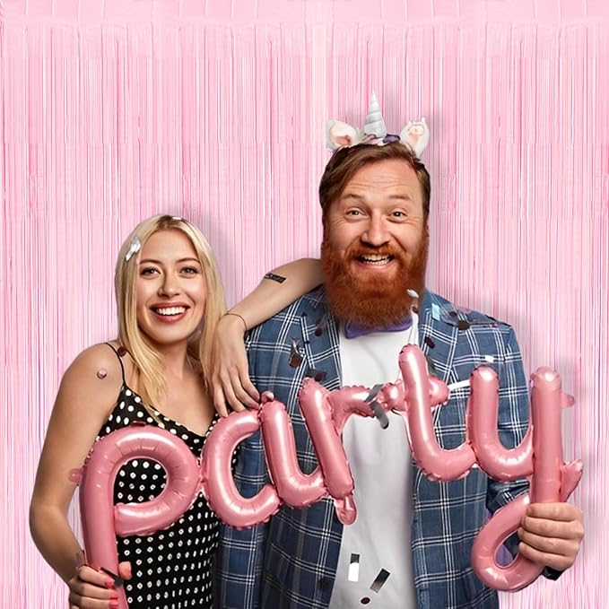 BRAVESHINE Pastel Pink Foil Fringe Curtains Tinsel Backdrop - 2 Pack Photo Booths Party Streamers for Christmas Snowflake Girls Princess Birthdays Bridal Shower Bachelorette Sweet Bow Decorations