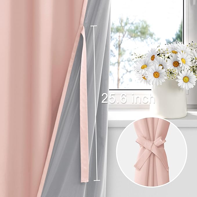XWZO 100% Blackout Curtains 2 Panels with Tiebacks- Heat and Full Light Blocking Window Treatment with Black Liner for Bedroom/Nursery, Grommet Top, Blush Pink, W52 x L63 Inches Long, Set of 2