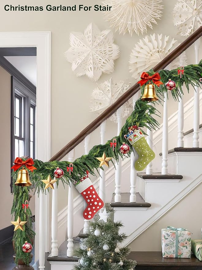 2Pcs 6ft Real Touch Christmas Garland Norfolk Pine, Realistic Artificial Christmas Garland, Faux Natural Greenery Garland for Table, Mantle, Stair Railings, Wall, Outdoor Christmas Decoration