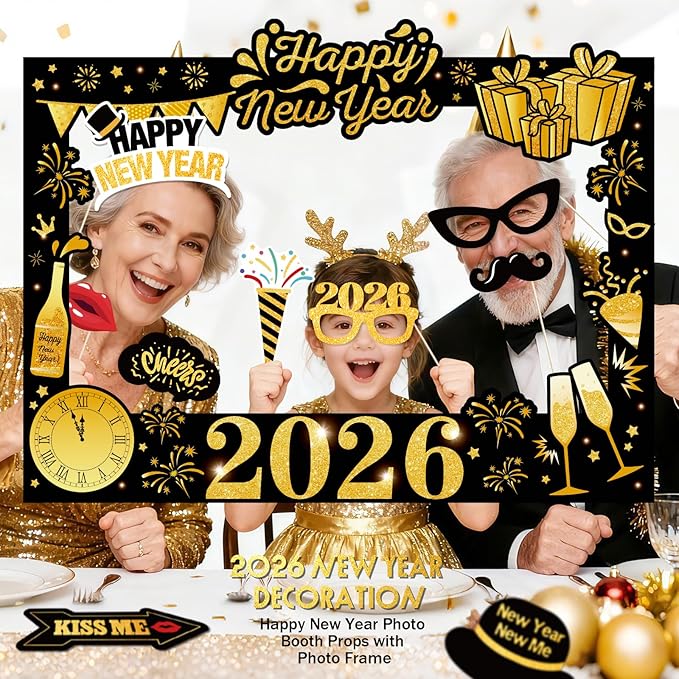 New Years Eve Party Supplies 2026 - NYE Photo Booth Props Kit with Glitter Photo Frame, 2026 Glasses & Mustache (Pack of 19)