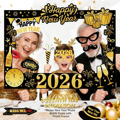 New Years Eve Party Supplies 2026 - NYE Photo Booth Props Kit with Glitter Photo Frame, 2026 Glasses & Mustache (Pack of 19)