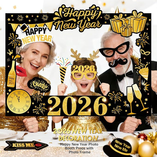 New Years Eve Party Supplies 2026 - NYE Photo Booth Props Kit with Glitter Photo Frame, 2026 Glasses & Mustache (Pack of 19)