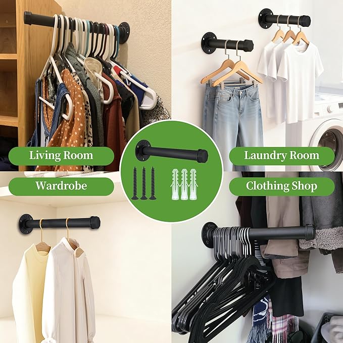 Heavy Duty Metal Clothing Hanging Rack 10 Inches Industrial Pipe Clothes Hanger Rack Wall Mounted Clothes Hanger Bar Small Closet Clothes Rods (2 Pack)