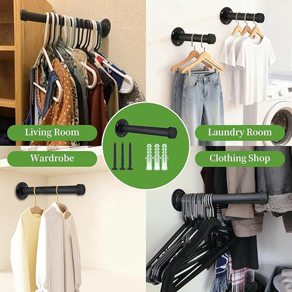 Heavy Duty Metal Clothing Hanging Rack 10 Inches Industrial Pipe Clothes Hanger Rack Wall Mounted Clothes Hanger Bar Small Closet Clothes Rods (2 Pack)