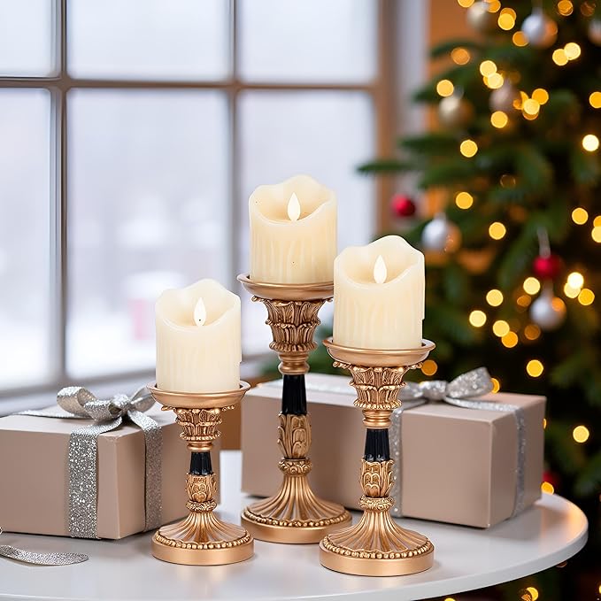 Resin Candle Holder Set of 3 - Christmas Home Decor Column Candle Stands, Vintage Palace Style, Coffee Table Centerpiece, Suitable for Fireplace, Living Room, or Dining Table