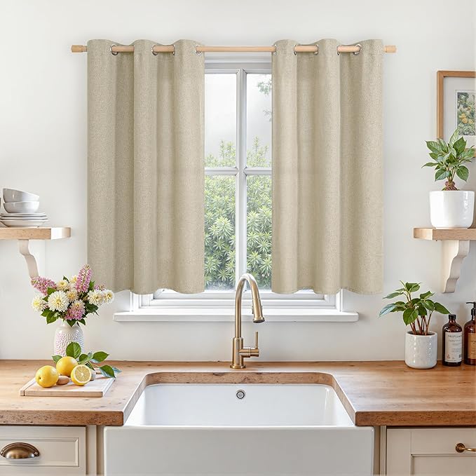 LAMIT Camel Linen Curtains 40 inches Long for Bedroom, Grommet Thermal Insulated Thick Farmhouse Curtains Noise Reducing Window Treatment Drapes for Small Windows, 2 Panels, W42 x L40