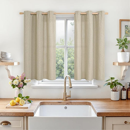 LAMIT Camel Linen Curtains 40 inches Long for Bedroom, Grommet Thermal Insulated Thick Farmhouse Curtains Noise Reducing Window Treatment Drapes for Small Windows, 2 Panels, W42 x L40