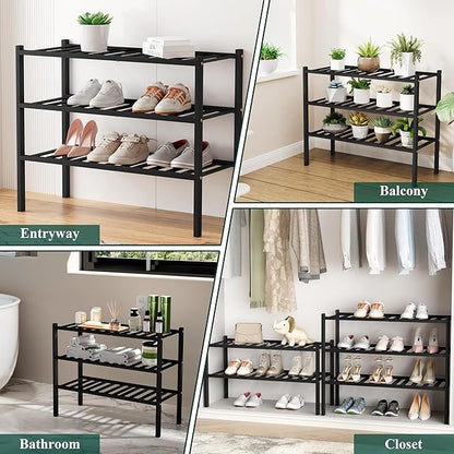 Smiry Shoe Rack, 6 Tier Long Bamboo Shoe Organizer, Stackable Free Standing Wooden Shoe Storage Shelf for Closet, Entryway, Front Door Entrance, Black
