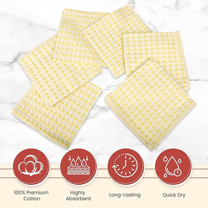 Vintage Vista 100% Cotton Dish Cloths (Pack of 6) - Dish Rags for Washing Dishes - Reusable & Highly Absorbent Kitchen Towels - Kitchen Rags for Christmas - (12" x 12" - Lemon Yellow Honeycomb)