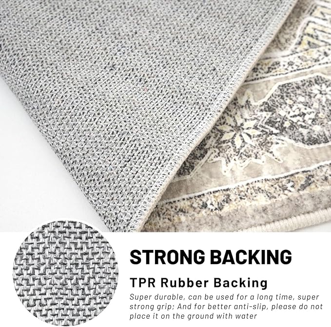 KUTA Oriental Washable Runner Rug, 2x6 Non-Slip Vintage Ivory Grey Yellow Brown Hallway Kitchen Runners Ultra Soft Printed Distressed Tribal Floor Carpet Rugs for Laundry Bedroom Living Room