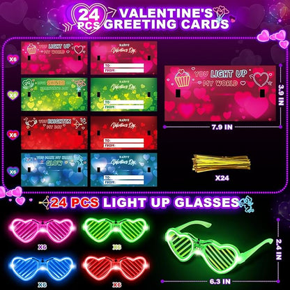Shemira Valentines Cards for Kids Classroom, 24 Pack Valentines Day Cards with Light Up Glasses, Valentines Day Cards Gifts for Kids School Classroom Exchange, Valentines Gifts for School