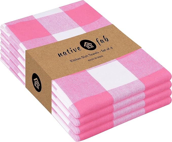 Native Fab Pink Checked Kitchen Towel 16"x26" - 4 Pack Buffalo Plaid Cotton Dish Towels - Absorbent Dishcloth Set, Soft Reusable Towels with Hanging Loop - Pink White