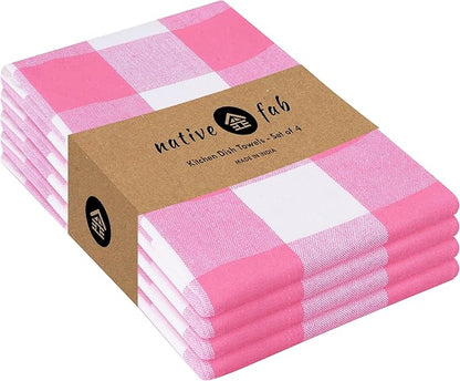 Native Fab Pink Checked Kitchen Towel 16"x26" - 4 Pack Buffalo Plaid Cotton Dish Towels - Absorbent Dishcloth Set, Soft Reusable Towels with Hanging Loop - Pink White