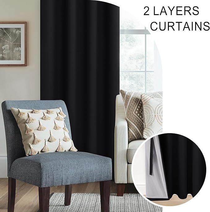 XWZO 100% Blackout Curtains 54 Inches Length with Tiebacks- Full Shade Window Drapes Thermal Insulated Double Layer with Black Liner for Bedroom/Living Room, Grommet Top, Black, W52 x L54, Set of 2