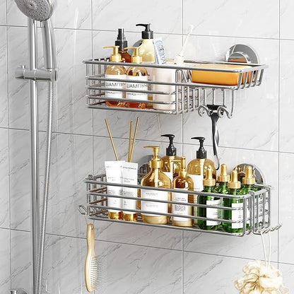 TAILI Shower Caddy Suction Cup 2 Pack with Hooks and Soap Holder, Heavy Duty Shower Organizer for Bathroom, No Drilling Silver bathroom suction shelves
