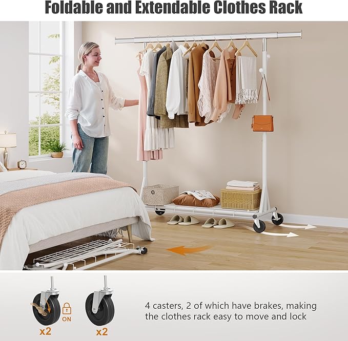 Heavy Duty Clothes Rack Load 530 LBS Metal Clothing Garment Rack Hang 200 pieces of clothing on Wheels Collapsible Rolling Portable & Adjustable with Hook for Hanging Clothes White