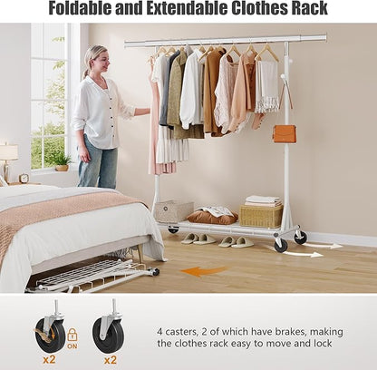 Heavy Duty Clothes Rack Load 530 LBS Metal Clothing Garment Rack Hang 200 pieces of clothing on Wheels Collapsible Rolling Portable & Adjustable with Hook for Hanging Clothes White