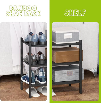 BMOSU 3-Tier Bamboo Small Shoe Rack Premium Stackable Shoe Shelf Storage Organizer for Hallway Closet Living Room Entryway Organizer(Black)