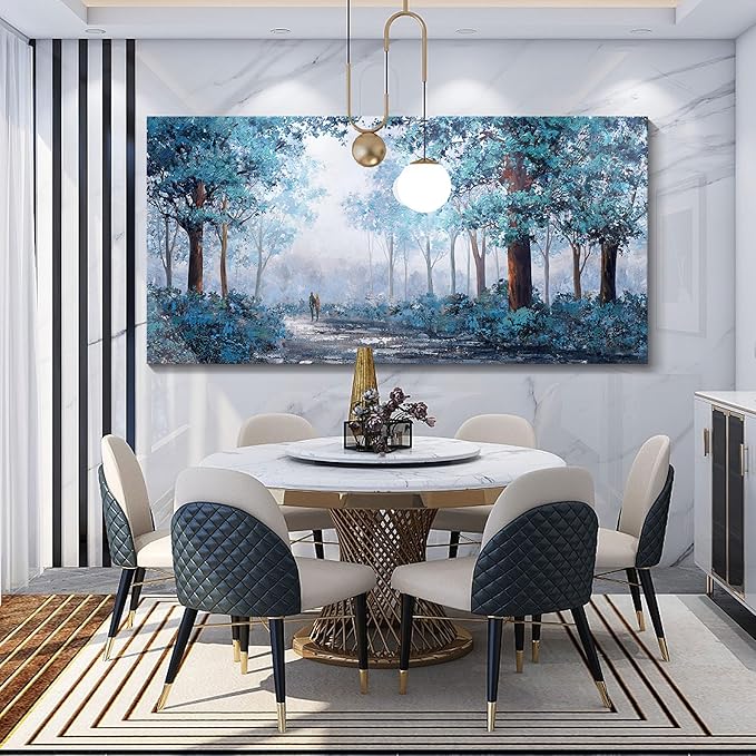 KLAKLA Navy Blue Wall Art - Large Wall Art - Multi-layered Paint Overlay Effect & Blue Leaves Plant Forest Picture Artwork Living Room Bedroom Wall Decor